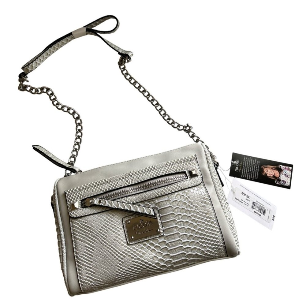 Nicole Miller Faux Snakeskin “Tess” Gray Crossbody Bag With Chain Strap